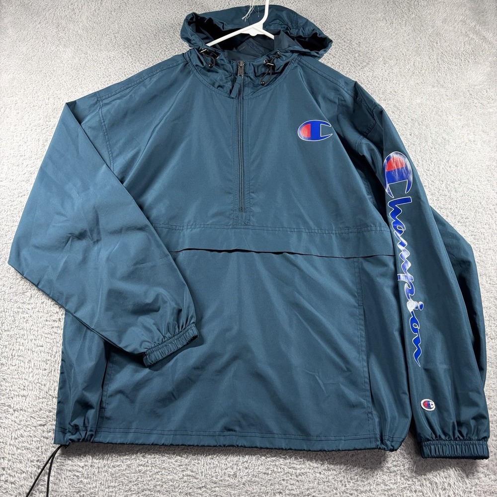 Champion Packable Rain Jacket Windbreaker Mens Large Blue 1/2 Zip‎ Sleeve Logo
